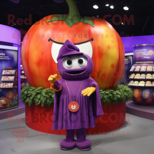 Purple Tomato mascot costume character dressed with a Cover-up and Coin purses