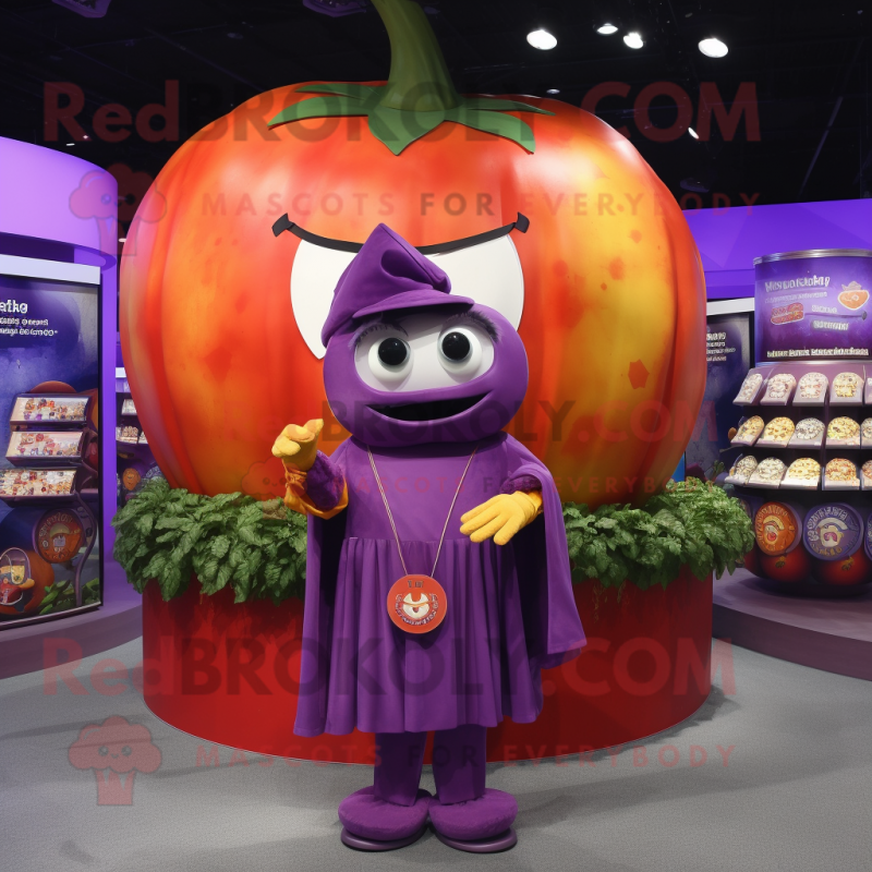 Purple Tomato mascot costume character dressed with a Cover-up and Coin purses Purple Tomato mascot costume character dressed with a Cover-up and Coin purses