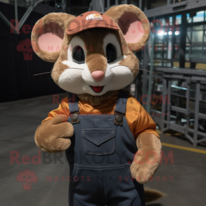 Rust Dormouse mascot costume character dressed with a Dungarees and Shawl pins