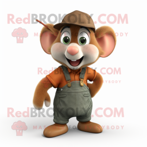 Rust Dormouse mascot costume character dressed with a Dungarees and Shawl pins