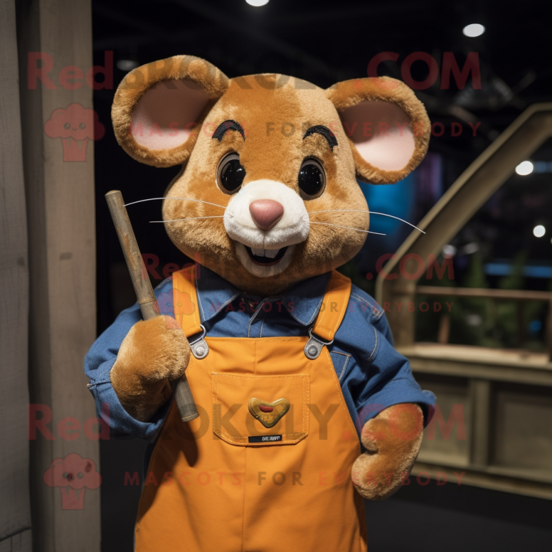 Rust Dormouse mascot costume character dressed with a Dungarees and Shawl pins