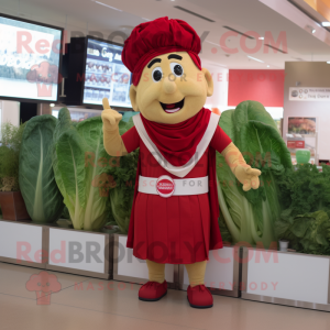 Red Caesar Salad mascot costume character dressed with a Romper and Wraps