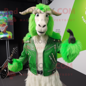 Lime Green Angora Goat mascot costume character dressed with a Leather Jacket and Mittens