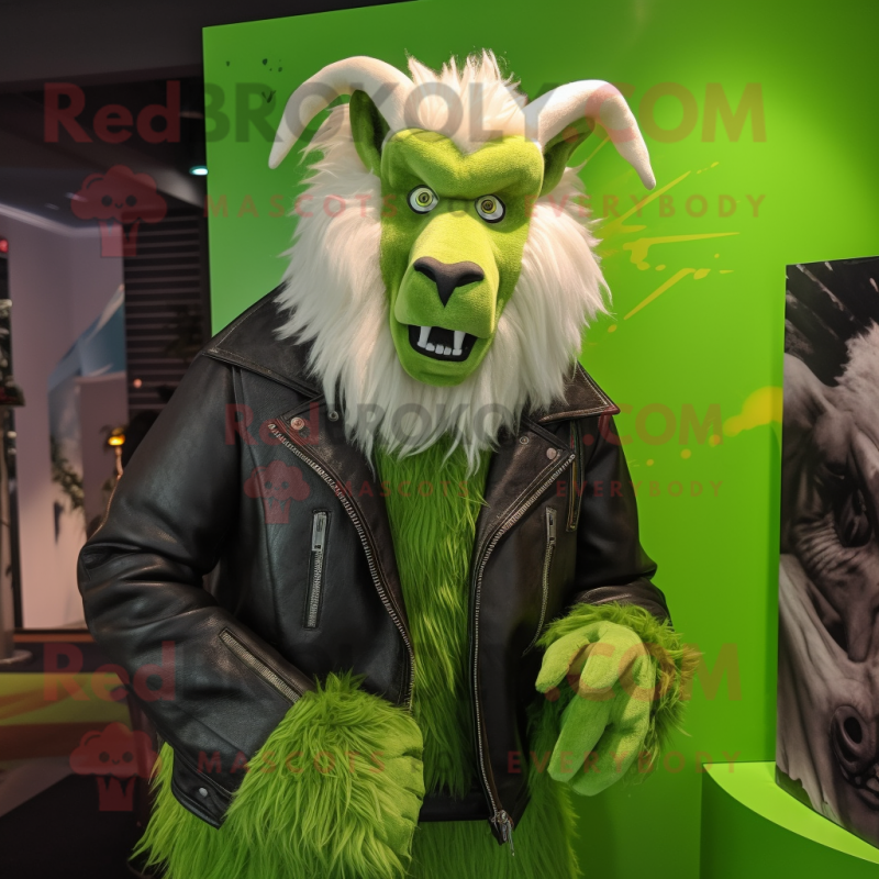 Lime Green Angora Goat mascot costume character dressed with a Leather Jacket and Mittens