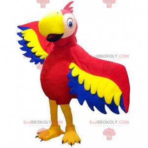 Mascote papagaio vermelho, amarelo e azul, traje exótico -