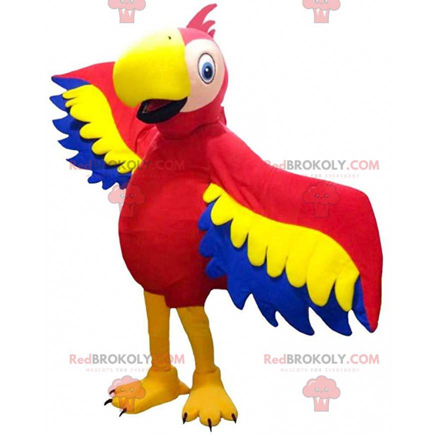 Mascote papagaio vermelho, amarelo e azul, traje exótico -