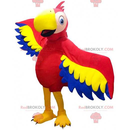Mascotte rode, gele en blauwe papegaai, exotisch kostuum -