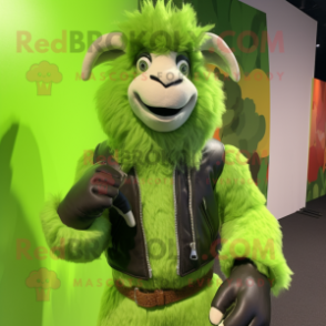 Lime Green Angora Goat mascot costume character dressed with a Leather Jacket and Mittens