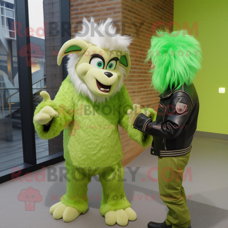 Lime Green Angora Goat mascot costume character dressed with a Leather Jacket and Mittens