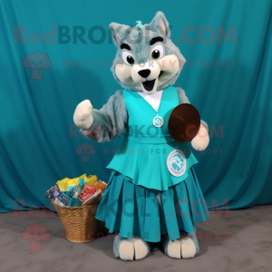 Turquoise Say Wolf mascot costume character dressed with a Pleated Skirt and Coin purses