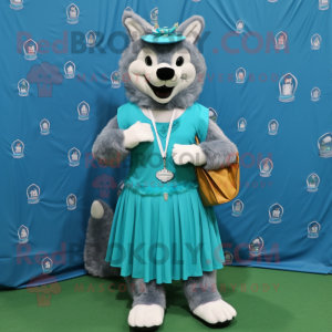 Turquoise Say Wolf mascot costume character dressed with a Pleated Skirt and Coin purses