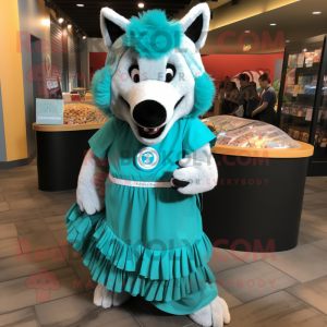 Turquoise Say Wolf mascot costume character dressed with a Pleated Skirt and Coin purses