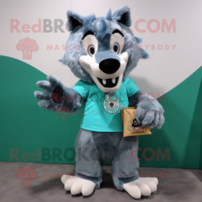 Turquoise Say Wolf mascot costume character dressed with a Pleated Skirt and Coin purses