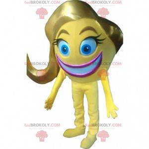 Gul smiley maskot, uttryckssymbol, kvinna smiley kostym -