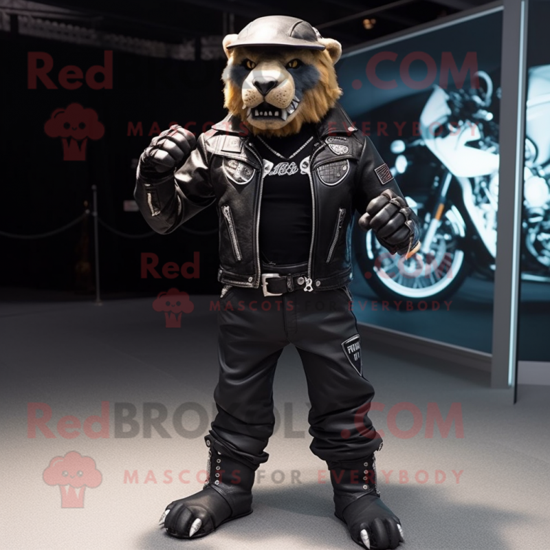 Black Smilodon mascot costume character dressed with a Biker Jacket and Beanies