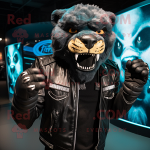 Black Smilodon mascot costume character dressed with a Biker Jacket and Beanies