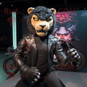 Black Smilodon mascot costume character dressed with a Biker Jacket and Beanies