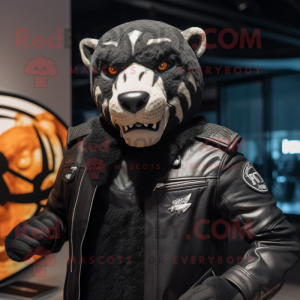 Black Smilodon mascot costume character dressed with a Biker Jacket and Beanies