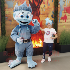 Silver Fire Eater mascot costume character dressed with a Denim Shorts and Smartwatches