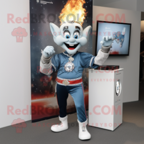 Silver Fire Eater mascot costume character dressed with a Denim Shorts and Smartwatches