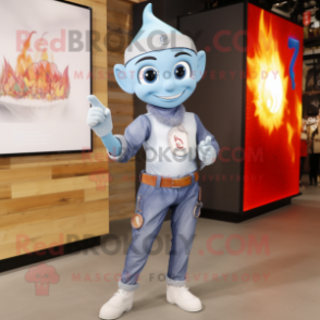 Silver Fire Eater mascot costume character dressed with a Denim Shorts and Smartwatches