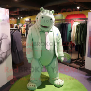 Green Hippopotamus mascot costume character dressed with a Oxford Shirt and Cufflinks