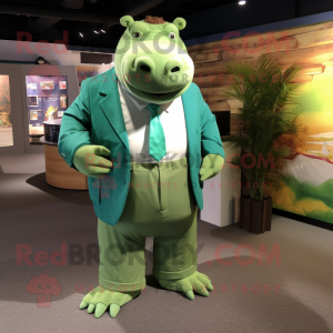 Green Hippopotamus mascot costume character dressed with a Oxford Shirt and Cufflinks