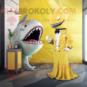 Lemon Yellow Megalodon mascot costume character dressed with a Wrap Dress and Lapel pins