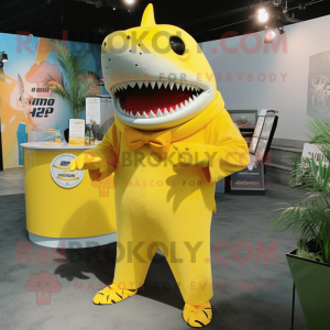 Lemon Yellow Megalodon mascot costume character dressed with a Wrap Dress and Lapel pins