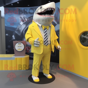 Lemon Yellow Megalodon mascot costume character dressed with a Wrap Dress and Lapel pins