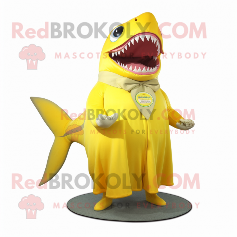 Lemon Yellow Megalodon mascot costume character dressed with a Wrap Dress and Lapel pins