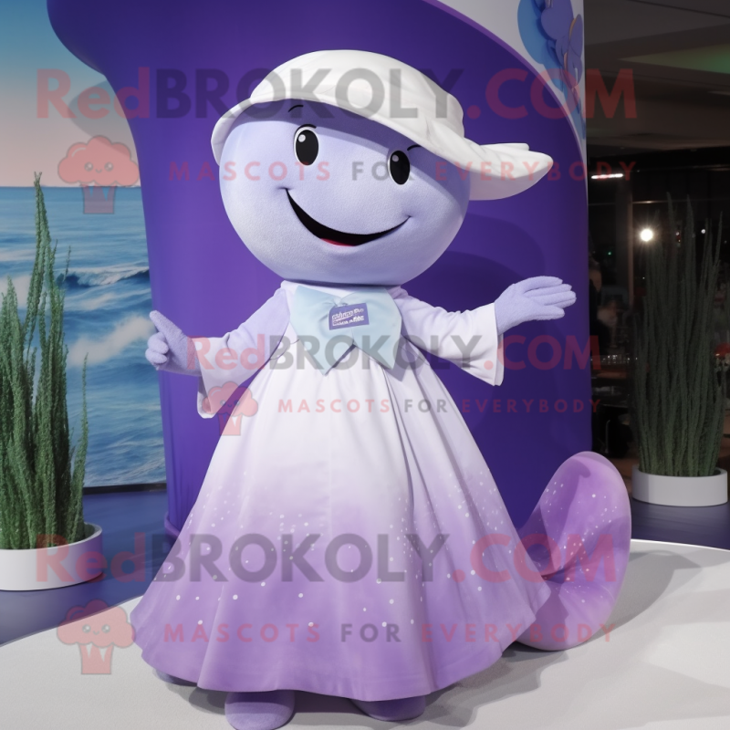 Lavender Whale mascot costume character dressed with a Dress and Rings