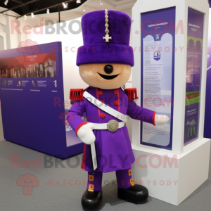 Purple British Royal Guard mascot costume character dressed with a Cardigan and Scarves