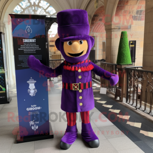 Purple British Royal Guard mascot costume character dressed with a Cardigan and Scarves