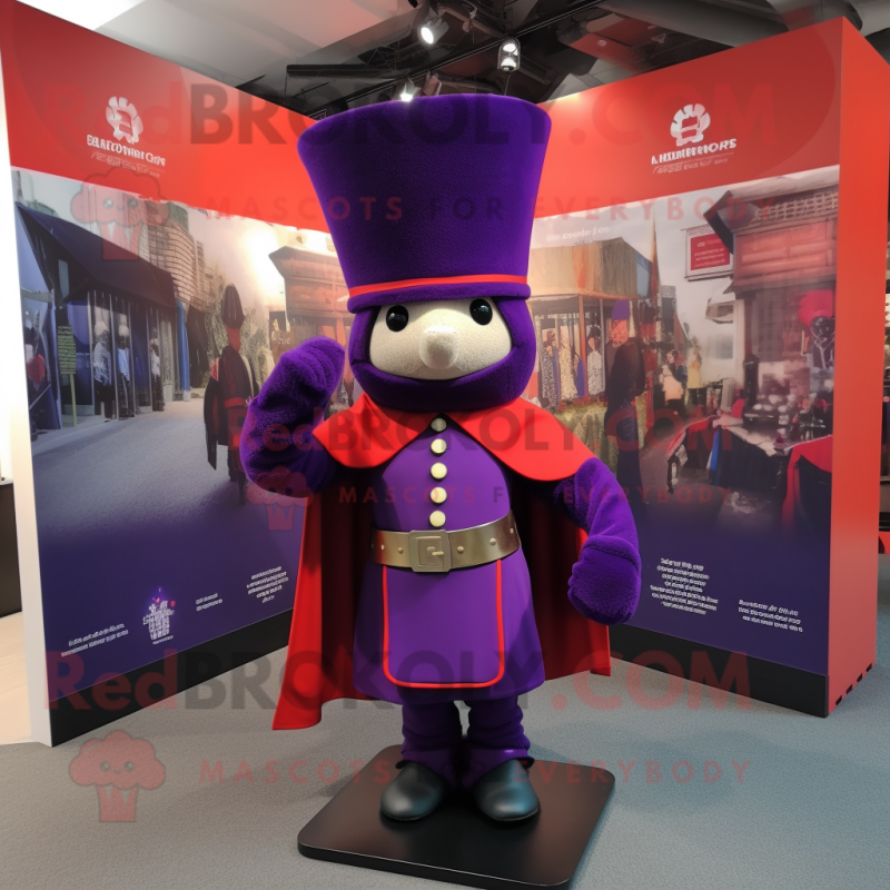 Purple British Royal Guard mascot costume character dressed with a Cardigan and Scarves