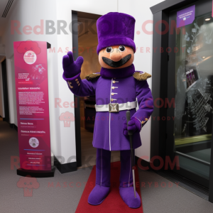 Purple British Royal Guard mascot costume character dressed with a Cardigan and Scarves