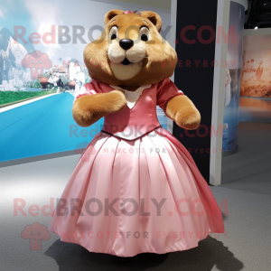 Peach Beaver mascot costume character dressed with a Ball Gown and Belts