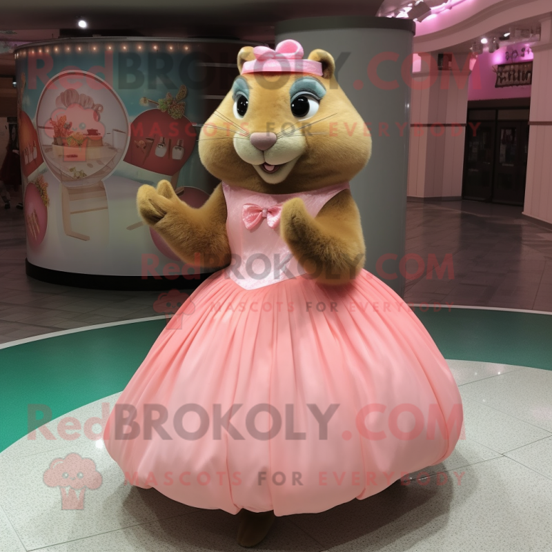 Peach Beaver mascot costume character dressed with a Ball Gown and Belts Peach Beaver mascot costume character dressed with a Ball Gown and Belts