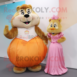 Peach Beaver mascot costume character dressed with a Ball Gown and Belts