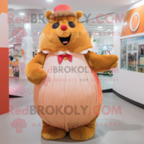 Peach Beaver mascot costume character dressed with a Ball Gown and Belts