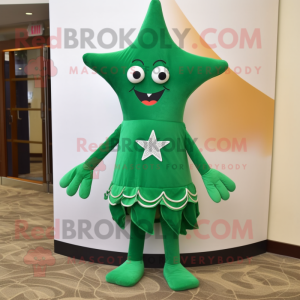 Forest Green Starfish mascot costume character dressed with a Empire Waist Dress and Shoe laces