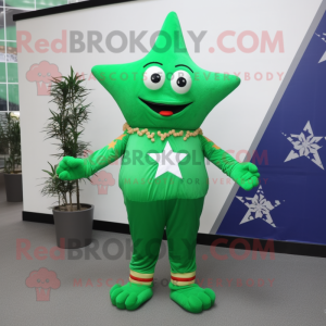 Forest Green Starfish mascot costume character dressed with a Empire Waist Dress and Shoe laces