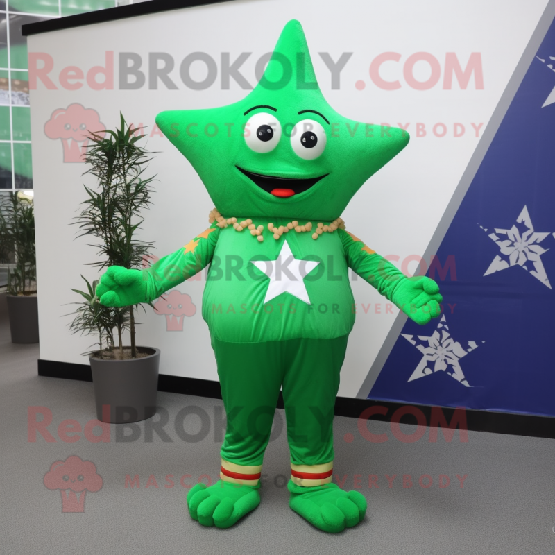 Forest Green Starfish mascot costume character dressed with a Empire Waist Dress and Shoe laces