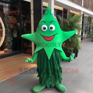 Forest Green Starfish mascot costume character dressed with a Empire Waist Dress and Shoe laces