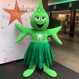 Forest Green Starfish mascot costume character dressed with a Empire Waist Dress and Shoe laces