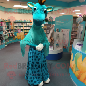 Teal Giraffe mascot costume character dressed with a Wrap Skirt and Foot pads