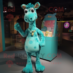 Teal Giraffe mascot costume character dressed with a Wrap Skirt and Foot pads