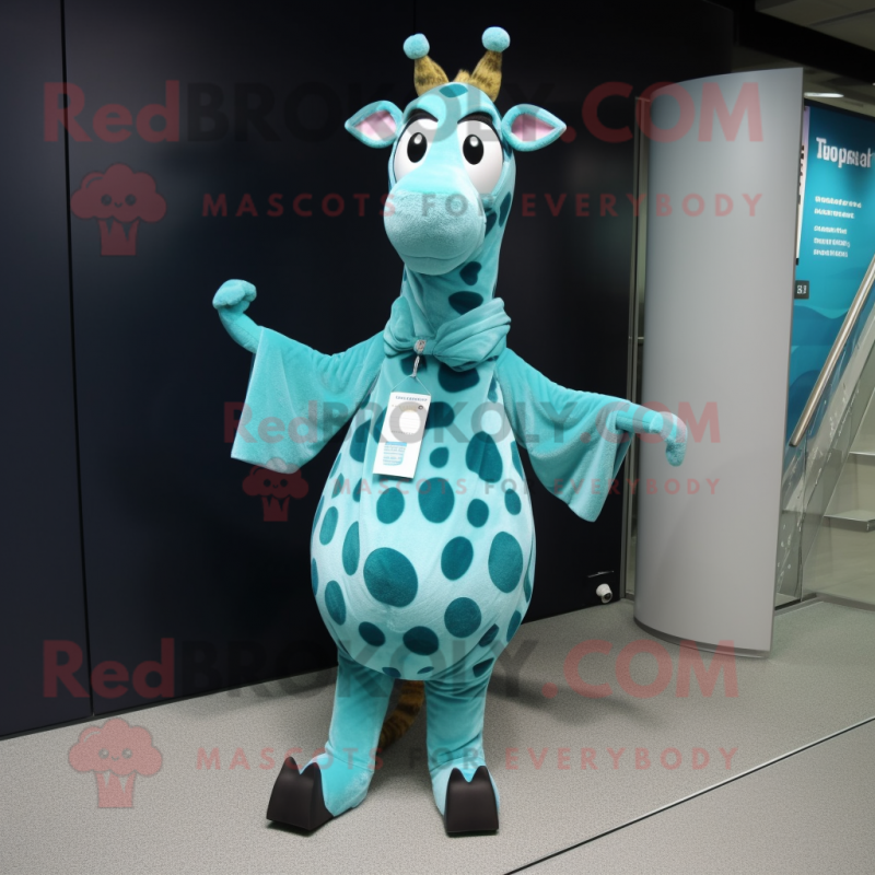Teal Giraffe mascot costume character dressed with a Wrap Skirt and Foot pads Teal Giraffe mascot costume character dressed with a Wrap Skirt and Foot pads