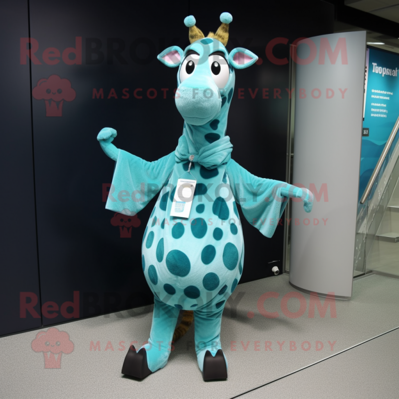 Teal Giraffe mascot costume character dressed with a Wrap Skirt and Foot pads