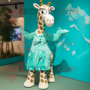 Teal Giraffe mascot costume character dressed with a Wrap Skirt and Foot pads